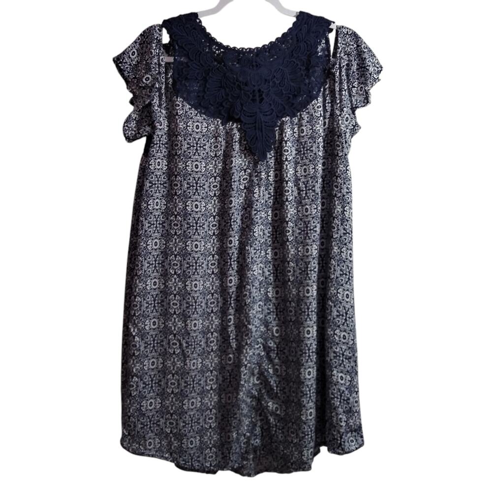 Knox Rose Blue Floral A Line Embroidered Lace Cold Shoulder Dress Size L - Picture 2 of 9